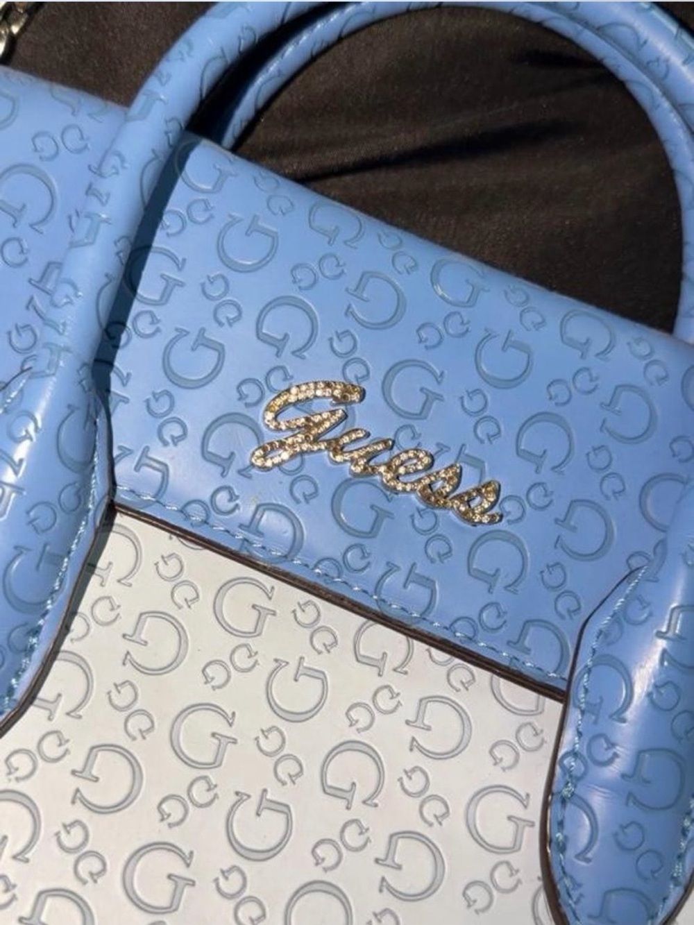 Guess Light Blue and White Embossed Crossbody with Gold Logo